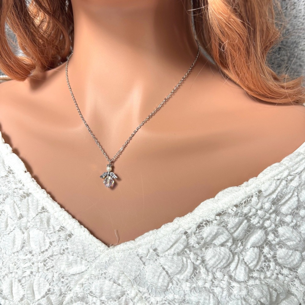 Dainty Angel Pendant Necklace Silver Tone Crystal Celestial Spiritual Y2K 21864